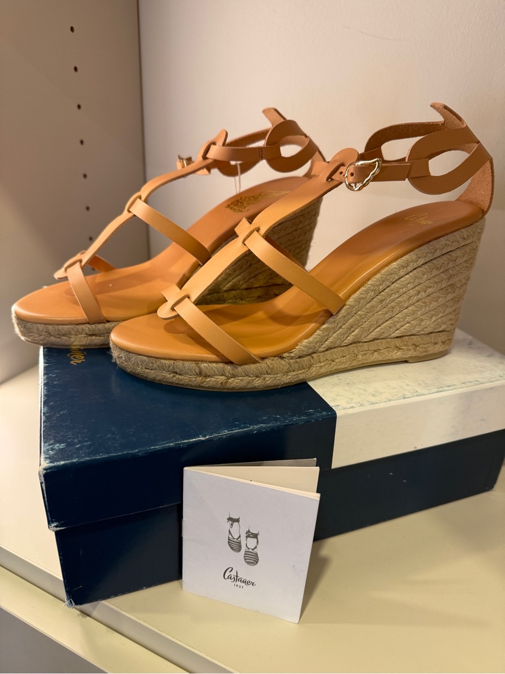 Castaner Peach-Tan Leather Espadrille Wedge Sandals